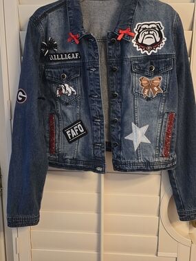 Georgia Bulldog Embellished Blue Denim Jean Jacket with Patchwork Accents